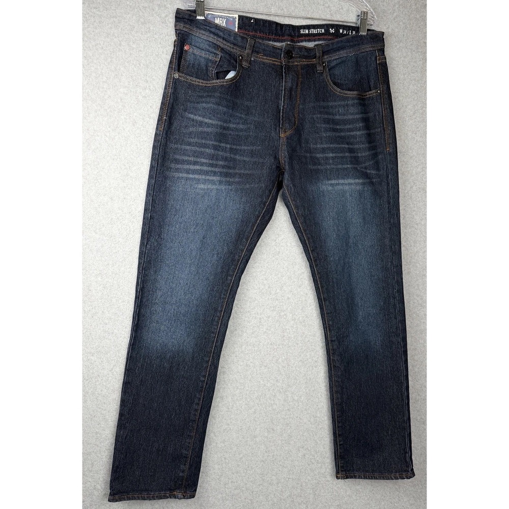 MBX Mens Slim Stretch Jeans W34 L30 Dark Blue Denim 5 Pocket